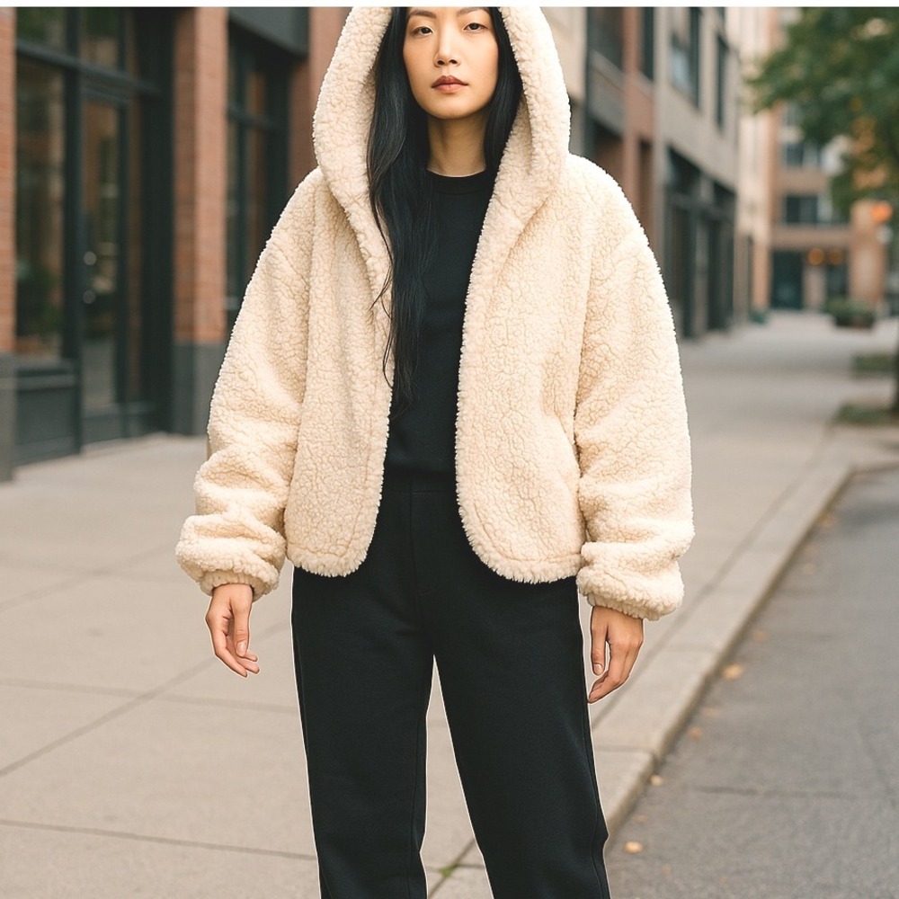 NWT Womens Teddy Coat Cowl Hood Pockets M Cream Soft Girl Y2K Streetwear - Picture 1 of 11